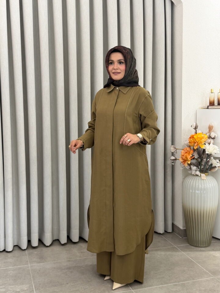 ARMİNE TAM BOY TENCEL PANTOLONLU TAKIM AÇIK YAĞ YEŞİLİ