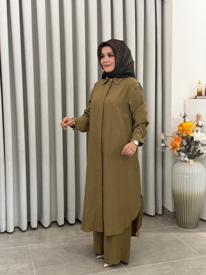 ARMİNE TAM BOY TENCEL PANTOLONLU TAKIM AÇIK YAĞ YEŞİLİ