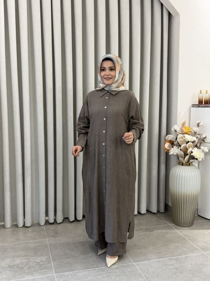 KADO DESENLİ PAMUK TENCEL PANTALONLU TAKIM VİZON BÜYÜK BEDEN