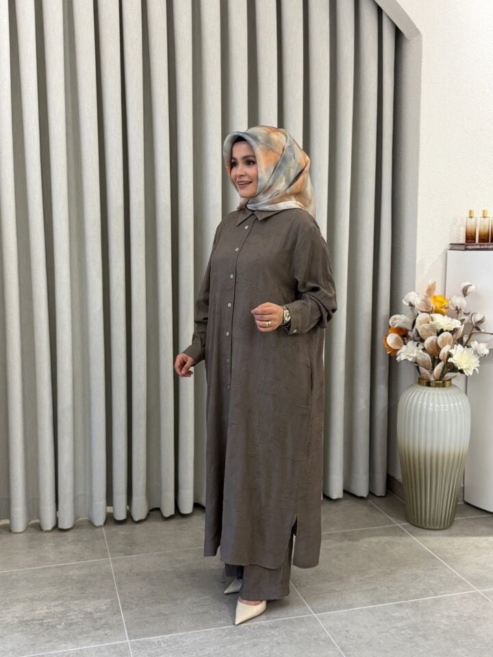 KADO DESENLİ PAMUK TENCEL PANTALONLU TAKIM VİZON BÜYÜK BEDEN