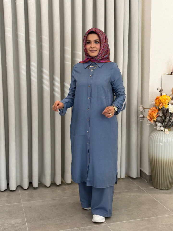 ARMİNE TAM BOY KOT TENCEL PANTOLONLU TAKIM İNDİGO