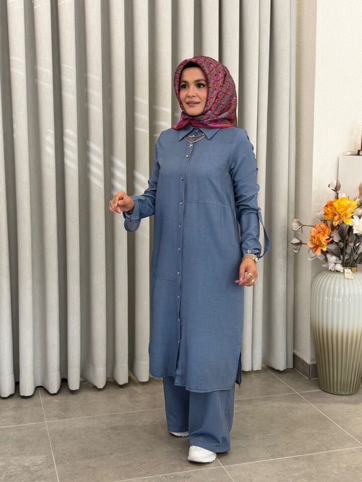 ARMİNE TAM BOY KOT TENCEL PANTOLONLU TAKIM İNDİGO