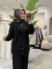 TIĞ TRİKO KAZAYAKLI HAVLU ÖRGÜLÜ TRİKO HIRKA SİYAH