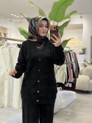 TIĞ TRİKO KAZAYAKLI HAVLU ÖRGÜLÜ TRİKO HIRKA SİYAH