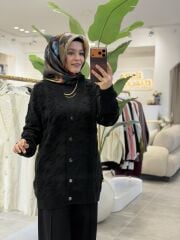 TIĞ TRİKO KAZAYAKLI HAVLU ÖRGÜLÜ TRİKO HIRKA SİYAH