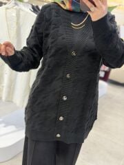 TIĞ TRİKO KAZAYAKLI HAVLU ÖRGÜLÜ TRİKO HIRKA SİYAH