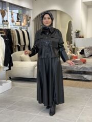 ŞARDONLU DERİ ETEK YAQA SİYAH