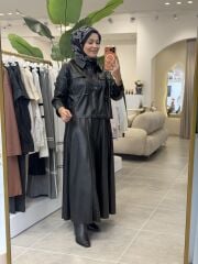 ŞARDONLU DERİ ETEK YAQA SİYAH