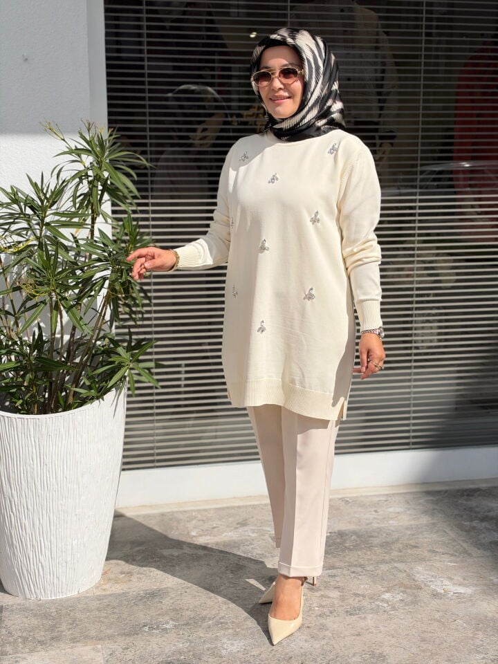 SOFF MERSERİZE DİKME TAŞLI TUNİK EKRU