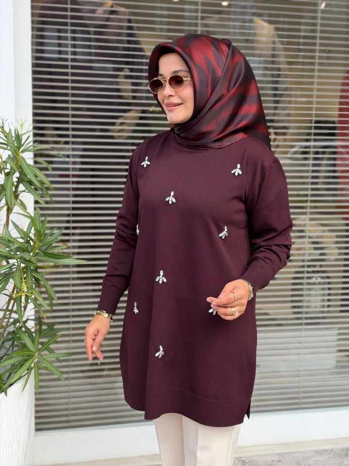 SOFF MERSERİZE DİKME TAŞLI TUNİK BORDO