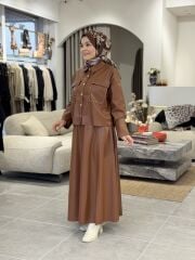 ŞARDONLU DERİ ETEK YAQA KAHVE