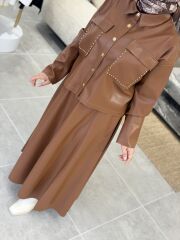 ŞARDONLU DERİ ETEK YAQA KAHVE