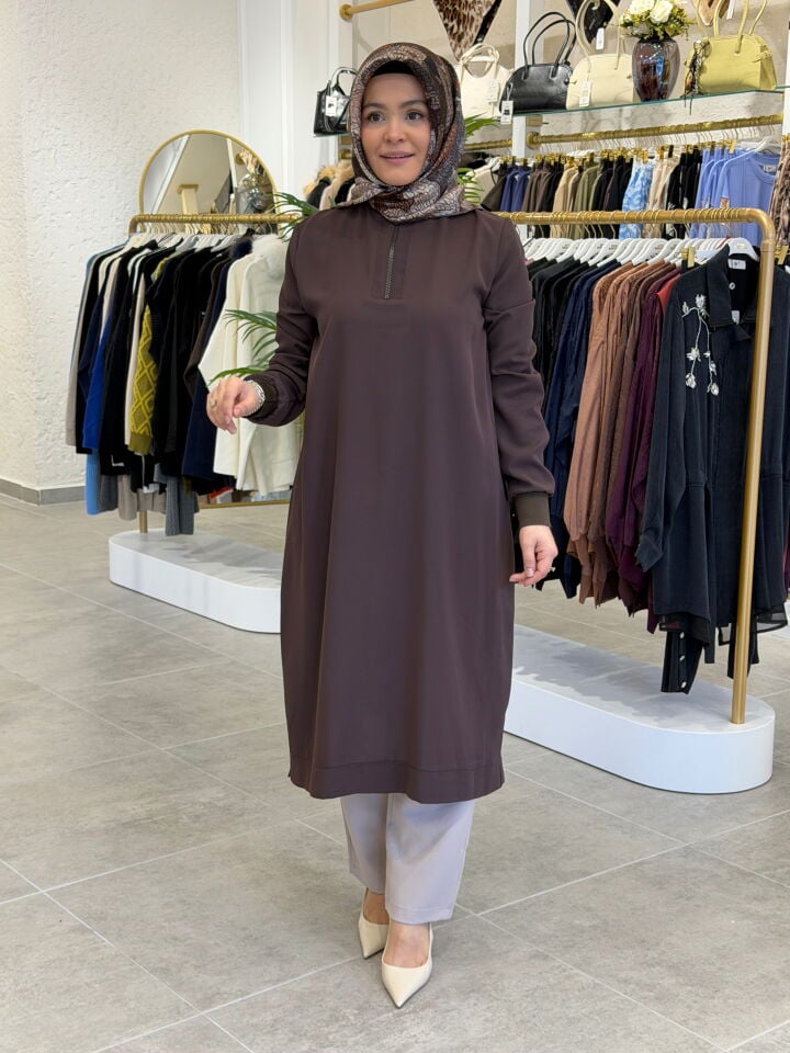 ARMİNE TREND KREP TAM BOY TUNİK KAHVE