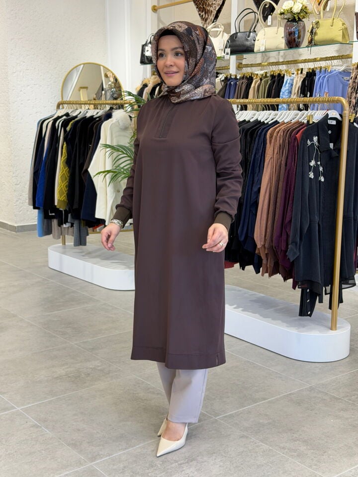 ARMİNE TREND KREP TAM BOY TUNİK KAHVE