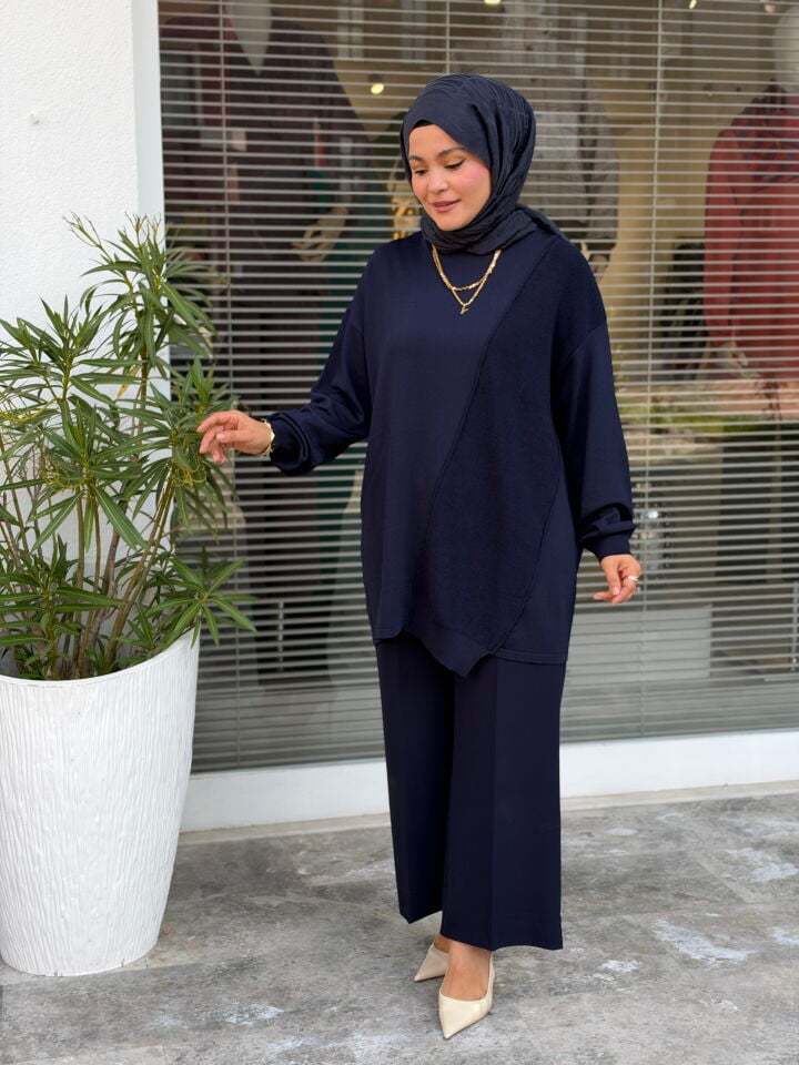 TIĞ TRİKO ÖRGÜ DETAYLI RAYON TUNİK LACİVERT