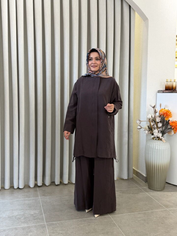 ARMİNE TENCEL PANTOLONLU TAKIM KAHVE