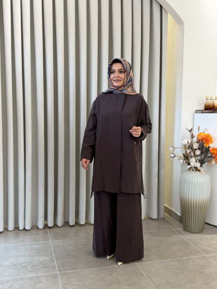 ARMİNE TENCEL PANTOLONLU TAKIM KAHVE