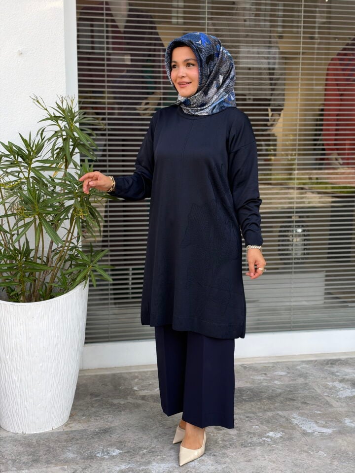 KADO MERSERİZE DESENLİ TUNİK LACİVERT