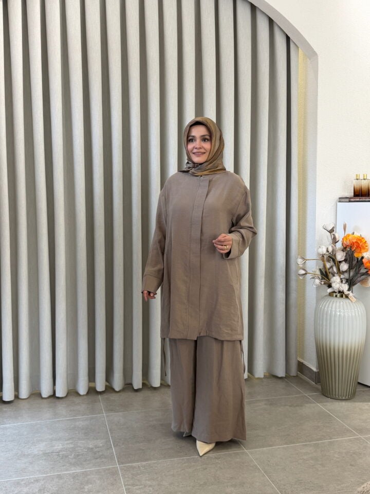ARMİNE TENCEL PANTOLONLU TAKIM VİZON