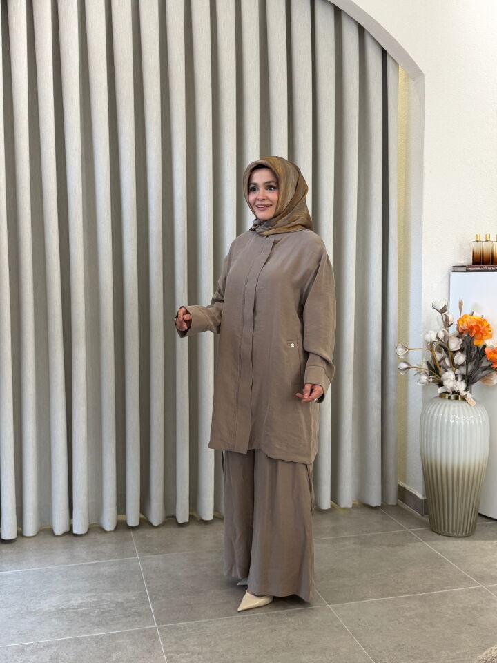 ARMİNE TENCEL PANTOLONLU TAKIM VİZON