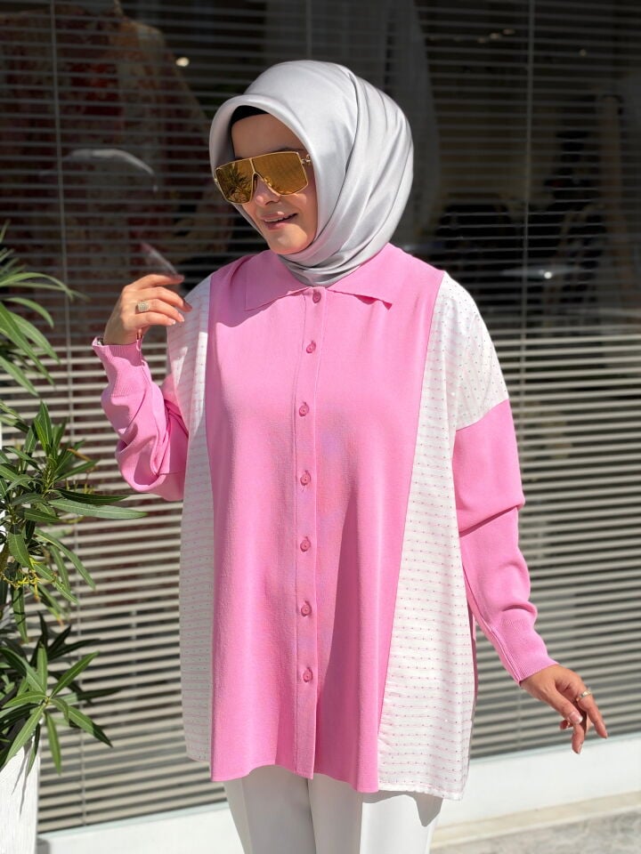 TIĞ TRİKO POLO YAKA BLUZ PEMBE