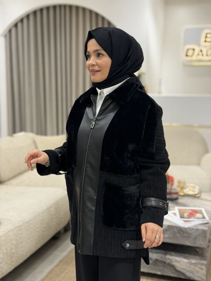 TIĞ TRİKO DERİ VE KÜRK KOMBİNLİ KABAN SİYAH