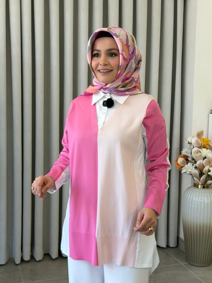 TIĞ TRİKO İKİ RENKLİ GÖMLEK YAKA TUNİK PEMBE