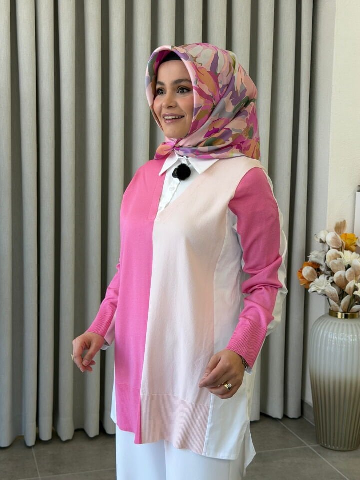 TIĞ TRİKO İKİ RENKLİ GÖMLEK YAKA TUNİK PEMBE