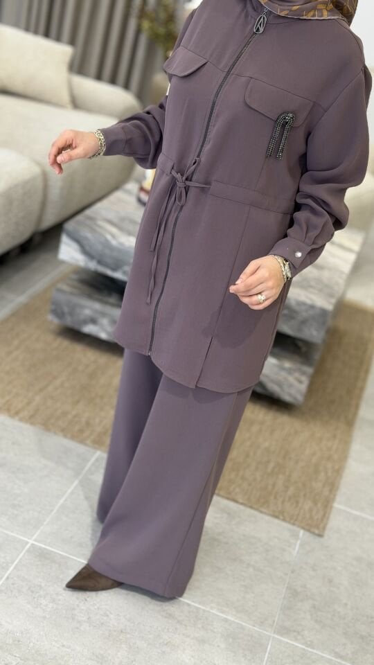 ARMİNE KREP PANTOLONLU TAKIM LATTE