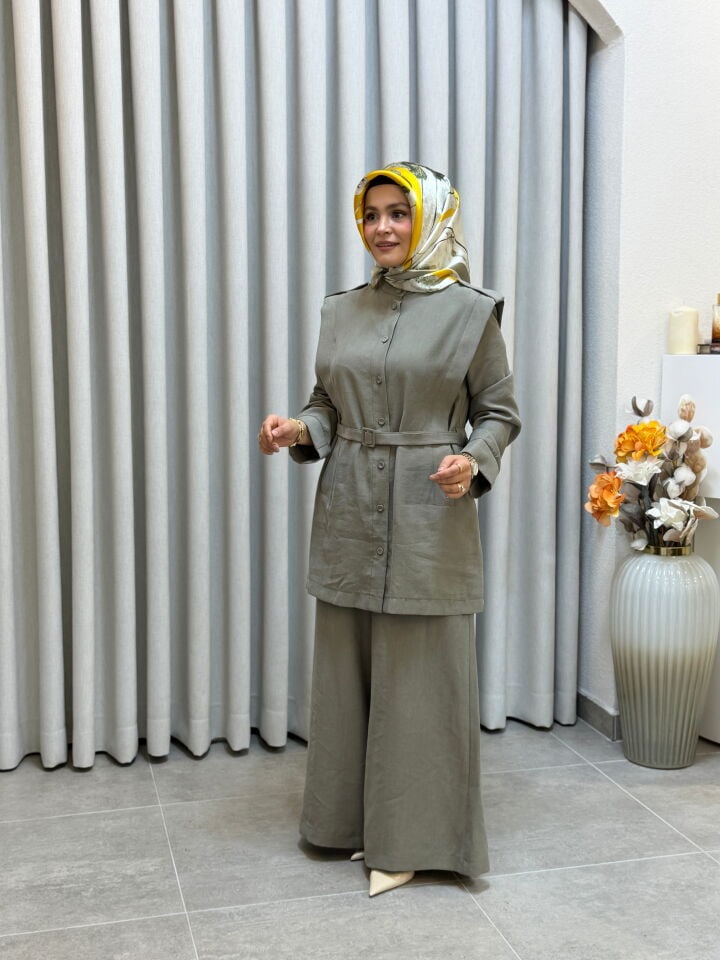 ARMİNE PAMUK TENCEL KEMERLİ PANTOLONLU TAKIM HAKİ