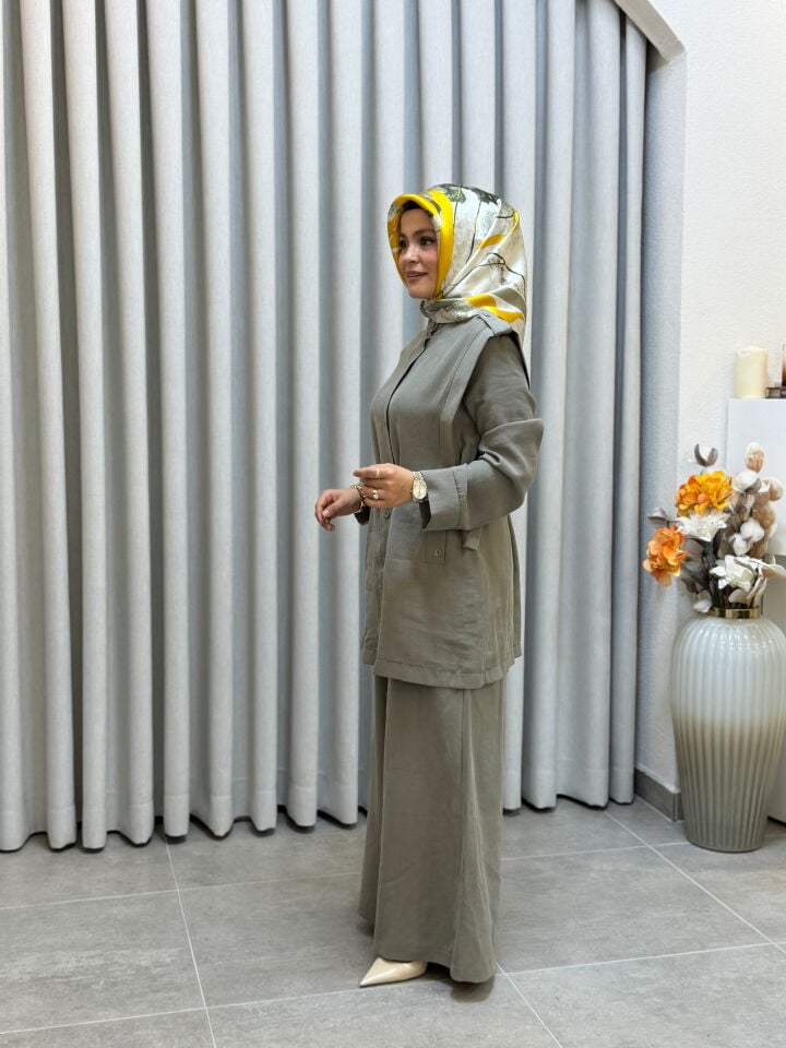 ARMİNE PAMUK TENCEL KEMERLİ PANTOLONLU TAKIM HAKİ