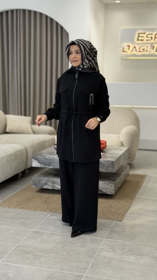 ARMİNE KREP PANTOLONLU TAKIM SİYAH