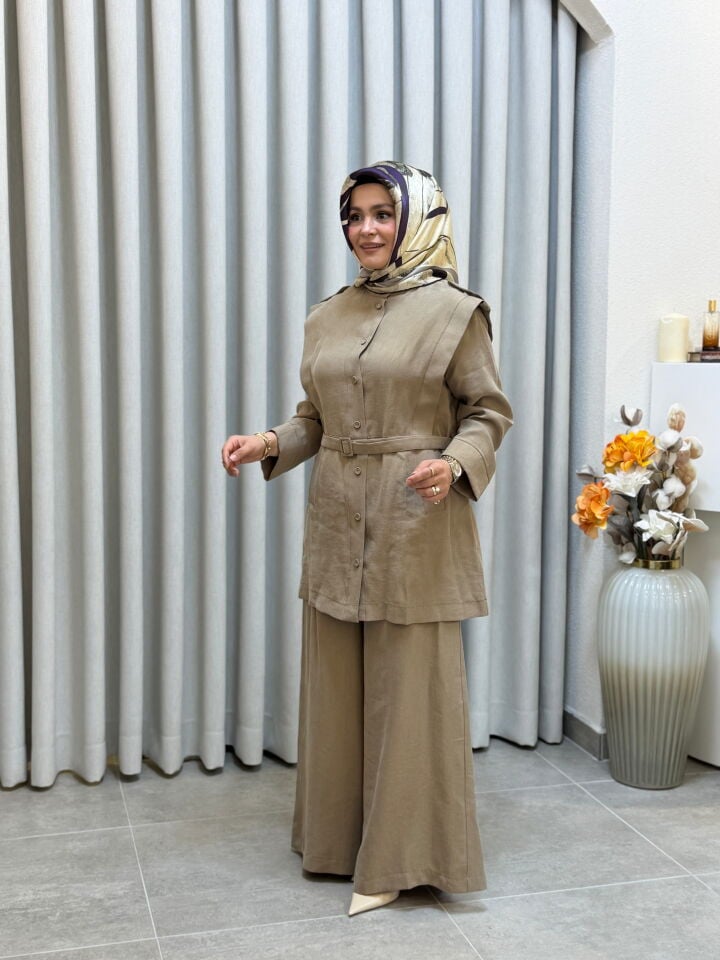 ARMİNE PAMUK TENCEL KEMERLİ PANTOLONLU TAKIM VİZON