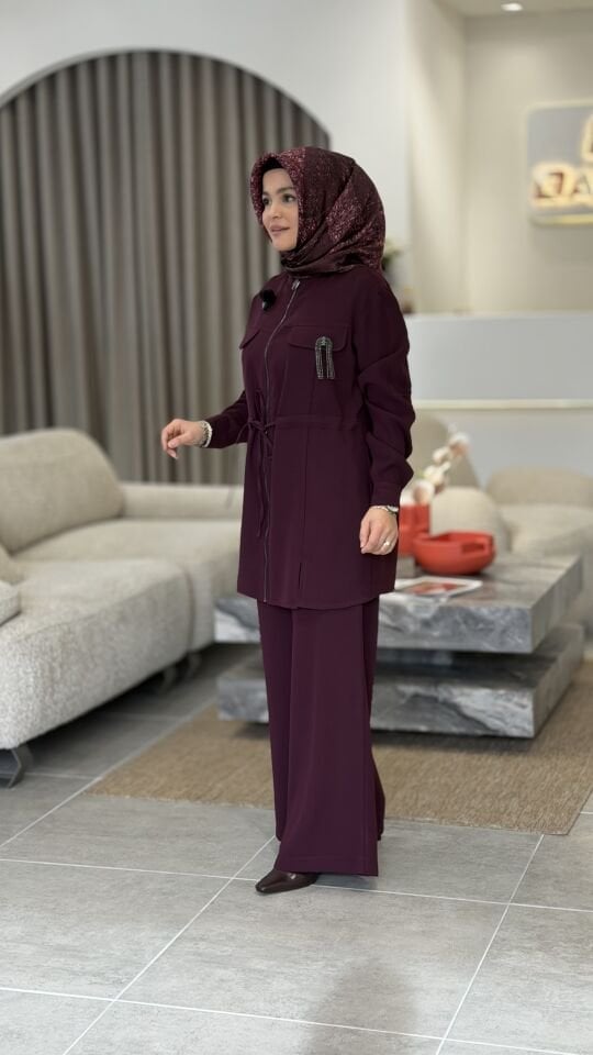 ARMİNE KREP PANTOLONLU TAKIM MÜRDÜM