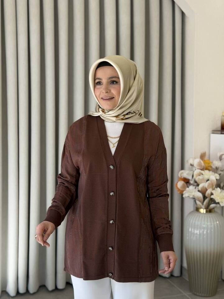 TIĞ TRİKO İPEK CUPRA DETAYLI MERSERİZE HIRKA KAHVE