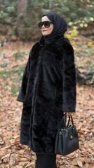 TIĞ TRİKO YAKASI BROŞLU KÜRK KABAN SİYAH