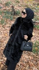 TIĞ TRİKO YAKASI BROŞLU KÜRK KABAN SİYAH