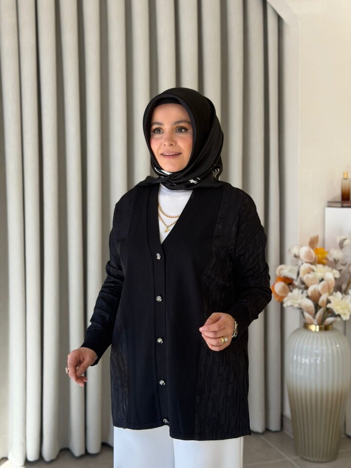 TIĞ TRİKO İPEK CUPRA DETAYLI MERSERİZE HIRKA SİYAH