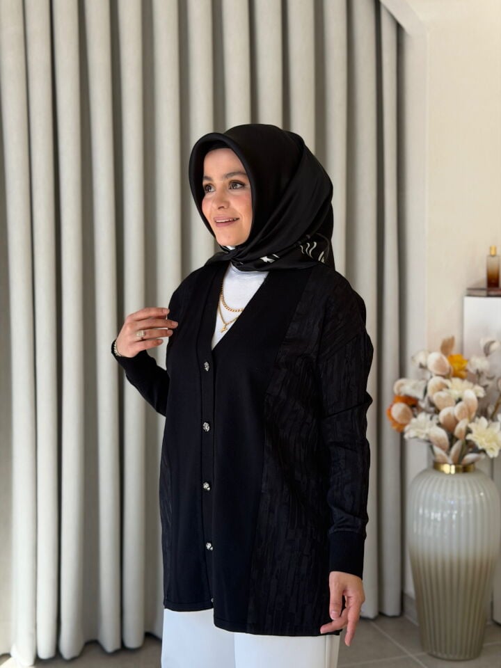 TIĞ TRİKO İPEK CUPRA DETAYLI MERSERİZE HIRKA SİYAH