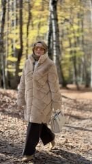 TIĞ TRİKO DERİ DETAYLI VEREV ÇİZGİLİ KÜRK KABAN CAMEL