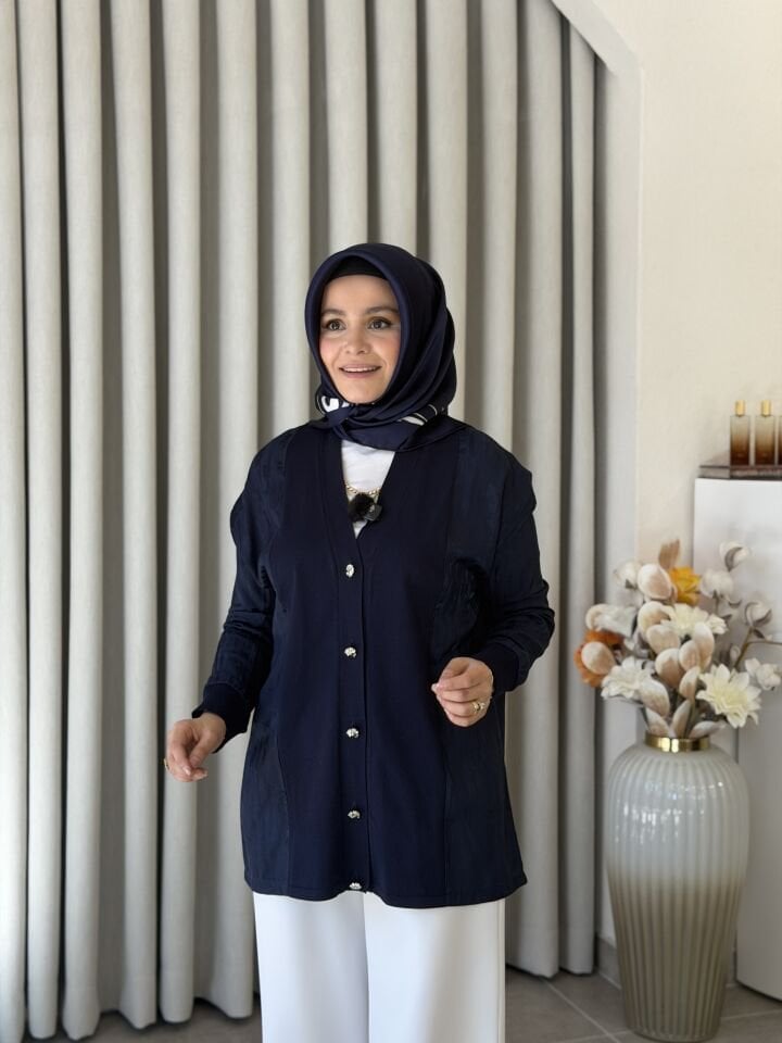 TIĞ TRİKO İPEK CUPRA DETAYLI MERSERİZE HIRKA LACİVERT