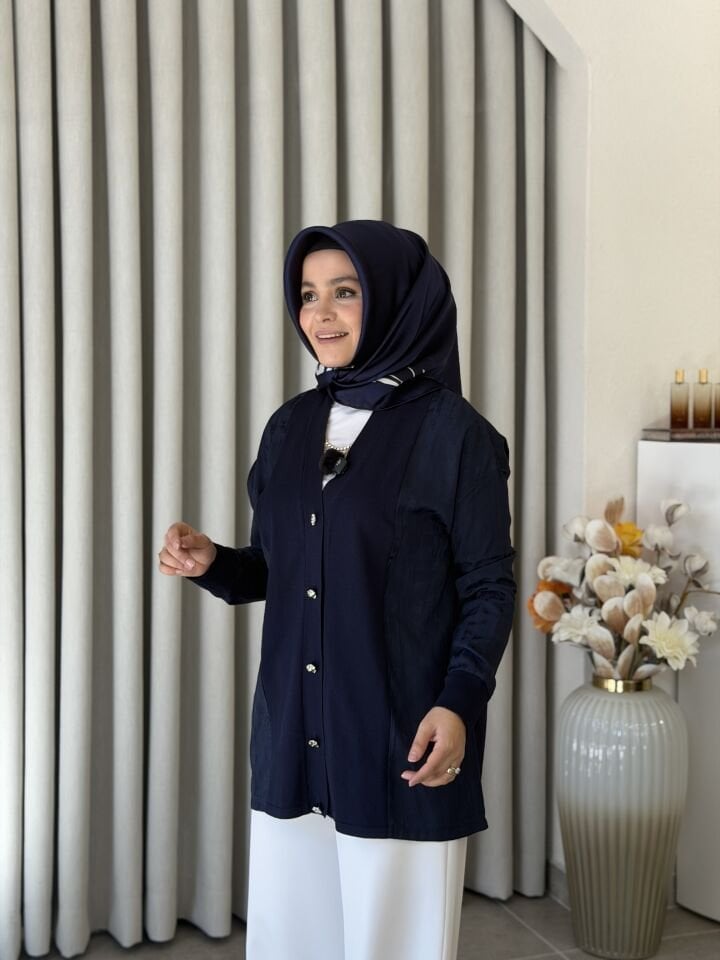 TIĞ TRİKO İPEK CUPRA DETAYLI MERSERİZE HIRKA LACİVERT