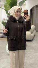 TIĞ TRİKO YAKASI KÜRKLÜ HIRKA KAHVE