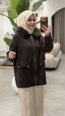 TIĞ TRİKO YAKASI KÜRKLÜ HIRKA KAHVE