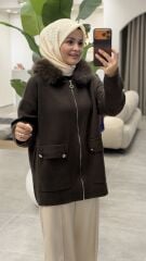 TIĞ TRİKO YAKASI KÜRKLÜ HIRKA KAHVE