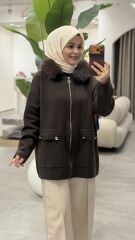 TIĞ TRİKO YAKASI KÜRKLÜ HIRKA KAHVE