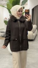 TIĞ TRİKO YAKASI KÜRKLÜ HIRKA KAHVE