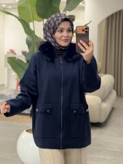 TIĞ TRİKO YAKASI KÜRKLÜ HIRKA LACİVERT