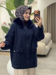 TIĞ TRİKO YAKASI KÜRKLÜ HIRKA LACİVERT