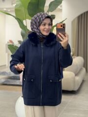 TIĞ TRİKO YAKASI KÜRKLÜ HIRKA LACİVERT